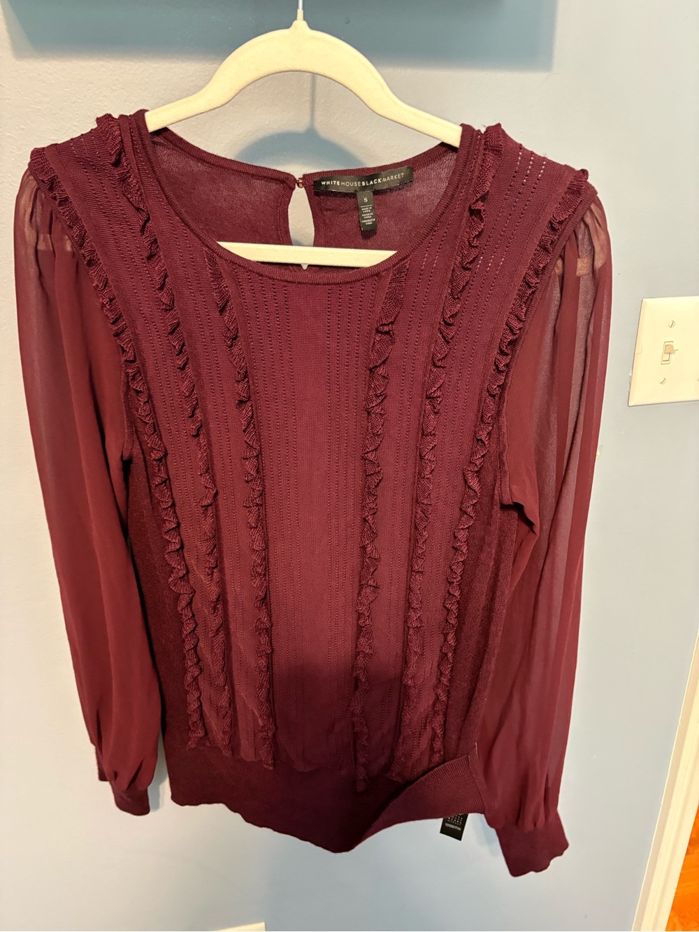 White House Black Market Burgundy Ruffle-Trim Long Sleeve Blouse